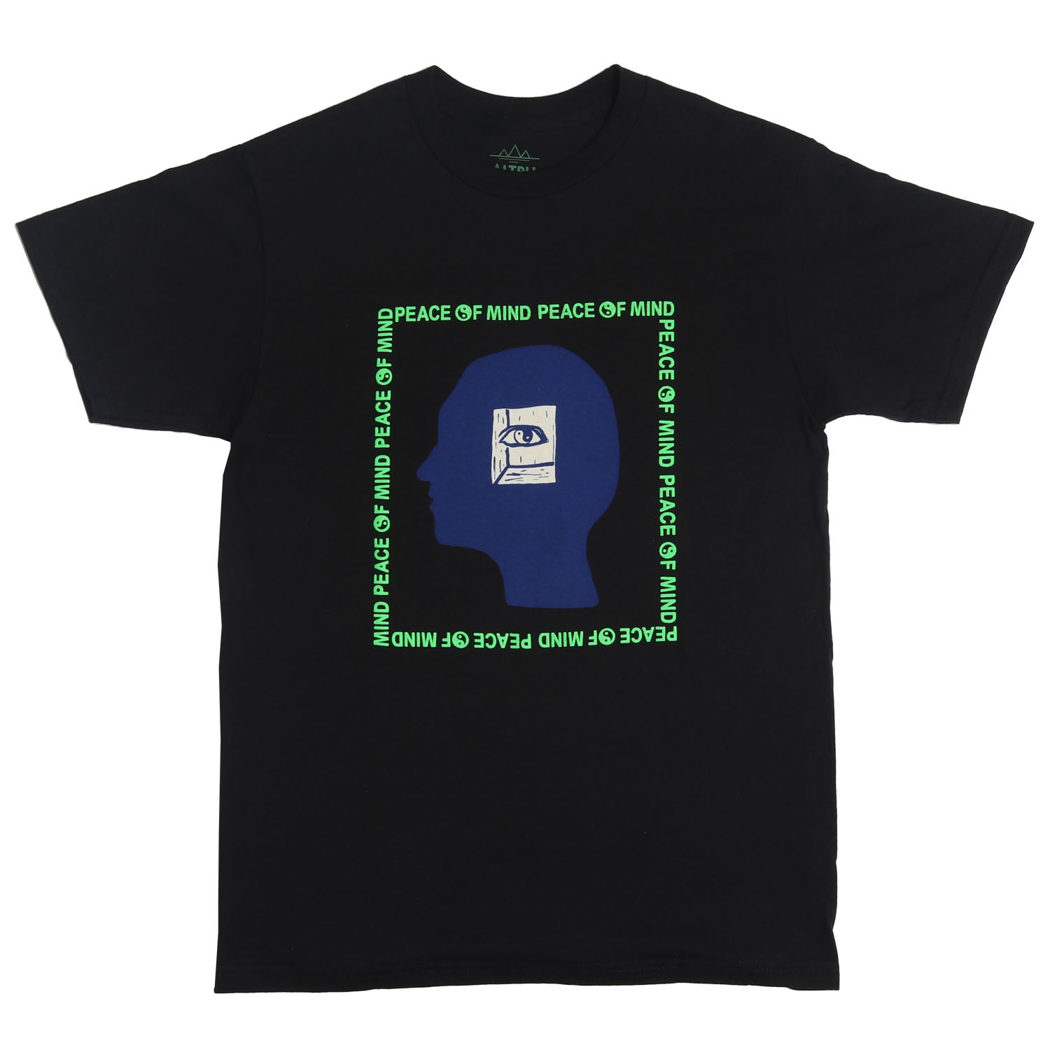 Peace of Mind text on black graphic tee. Yin Yang symbols in green puff ink. Graphic of a head with an inner eye over the head silhouette. graphic. Short sleeve black tee with green puff ink, blue head and white inner eye. Front of tee. Altru Apparel.