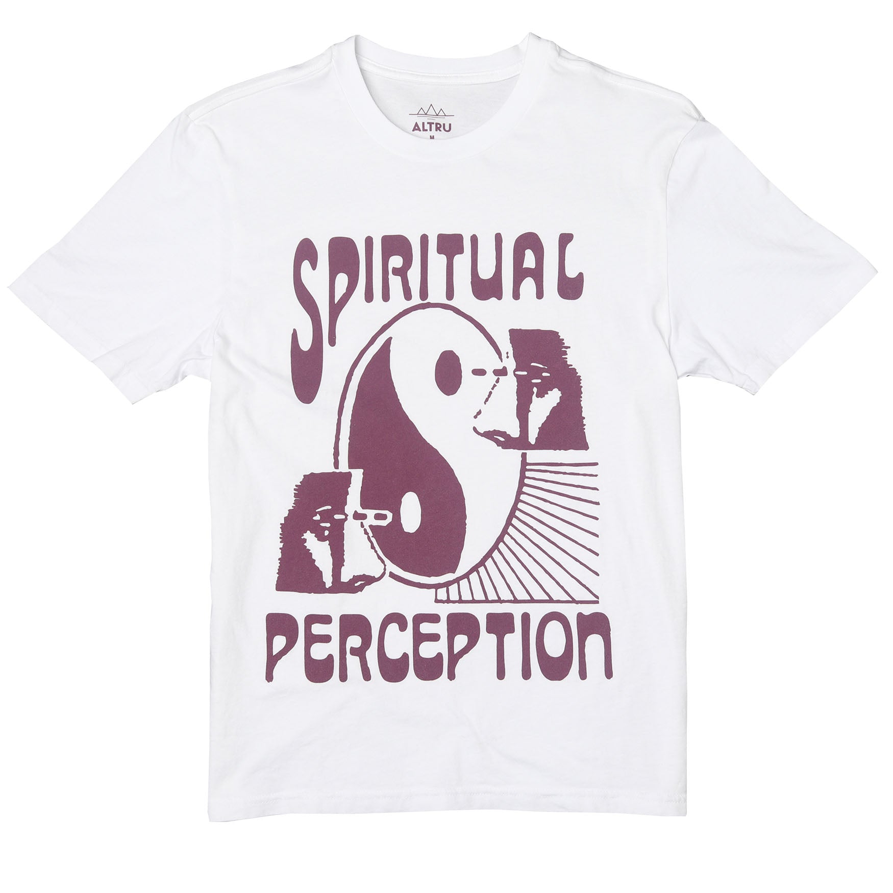 Front of white graphic tee with a yin yang symbol and text saying spiritual perception