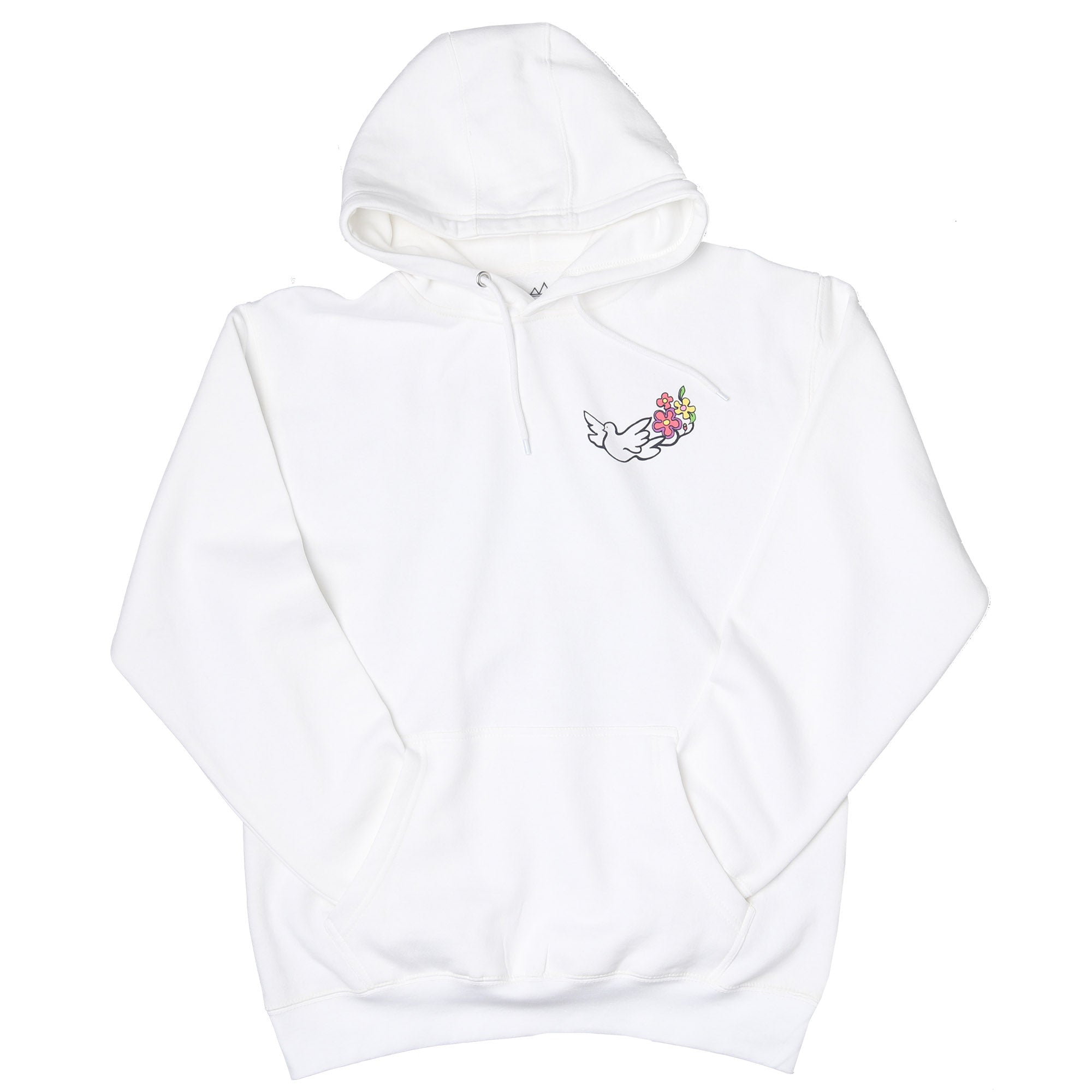 Front of white hoodie with an illustration of dove and flowers graphic on upper right chest