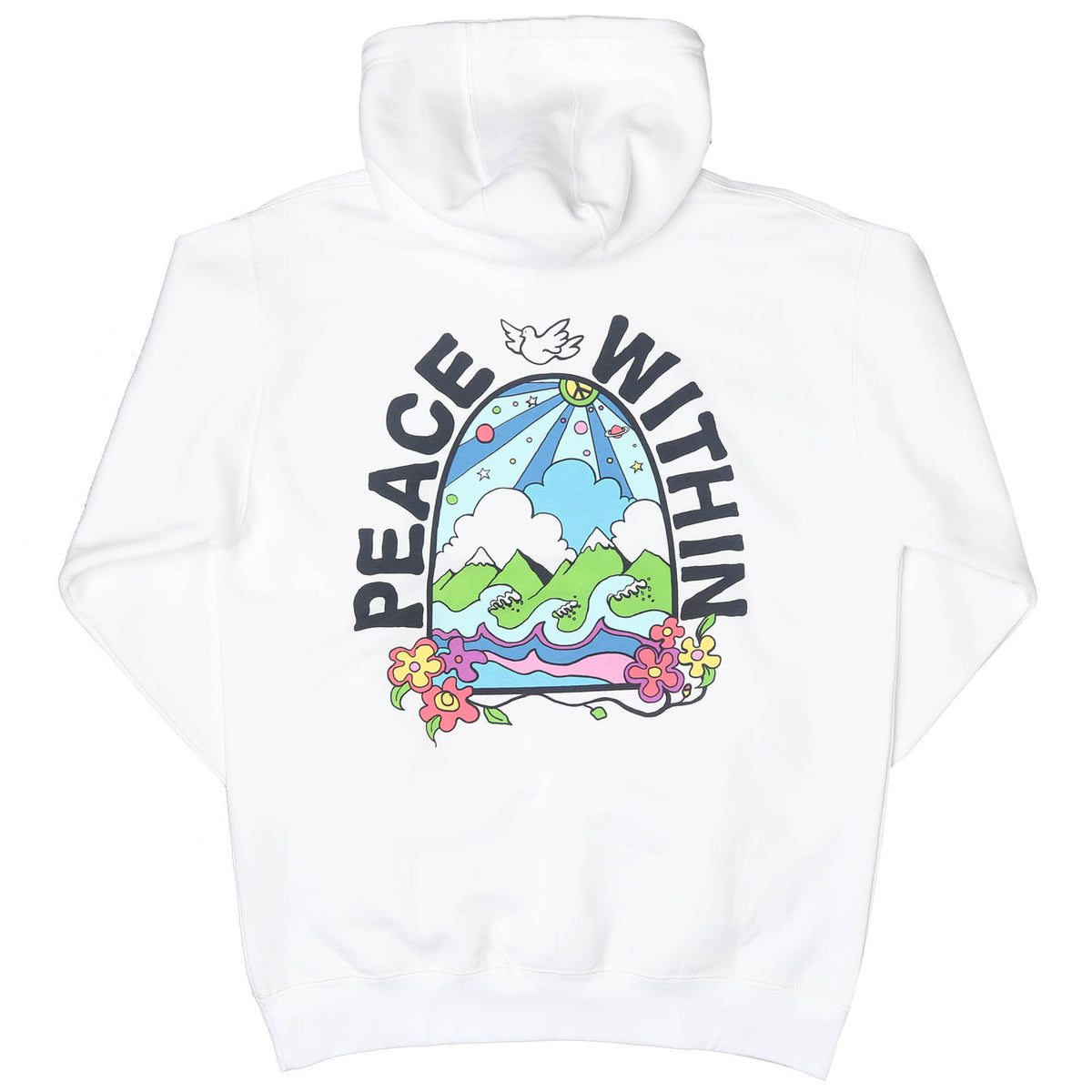 Back of white hoodie with an illustration of dove over mountains flowers waves peace sign sun graphic with text saying peace within