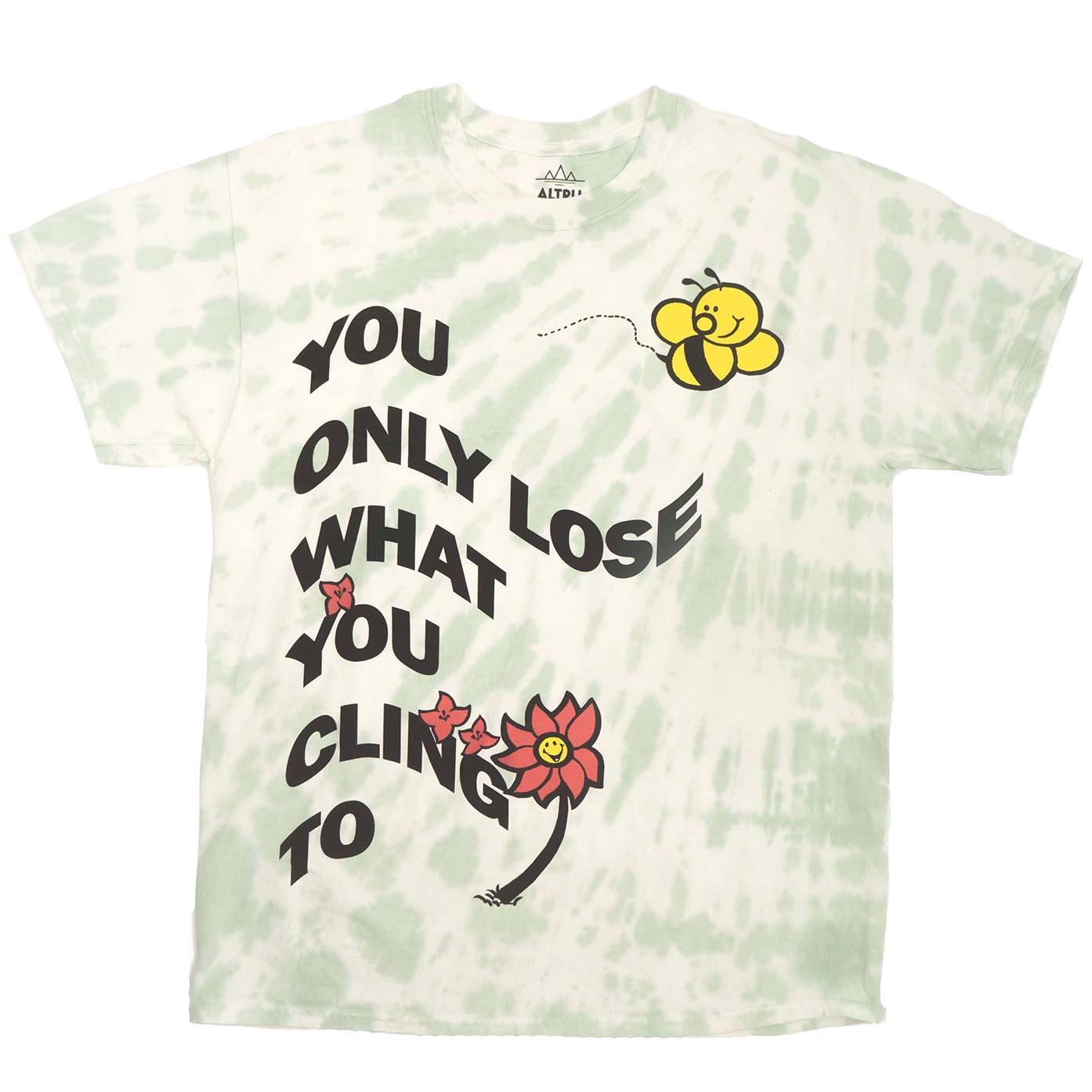 Only Lose What You Cling To Men's tee. Green and white tie dye with graphic of bee and flower and motivational text screen printed on front. Front full photo.