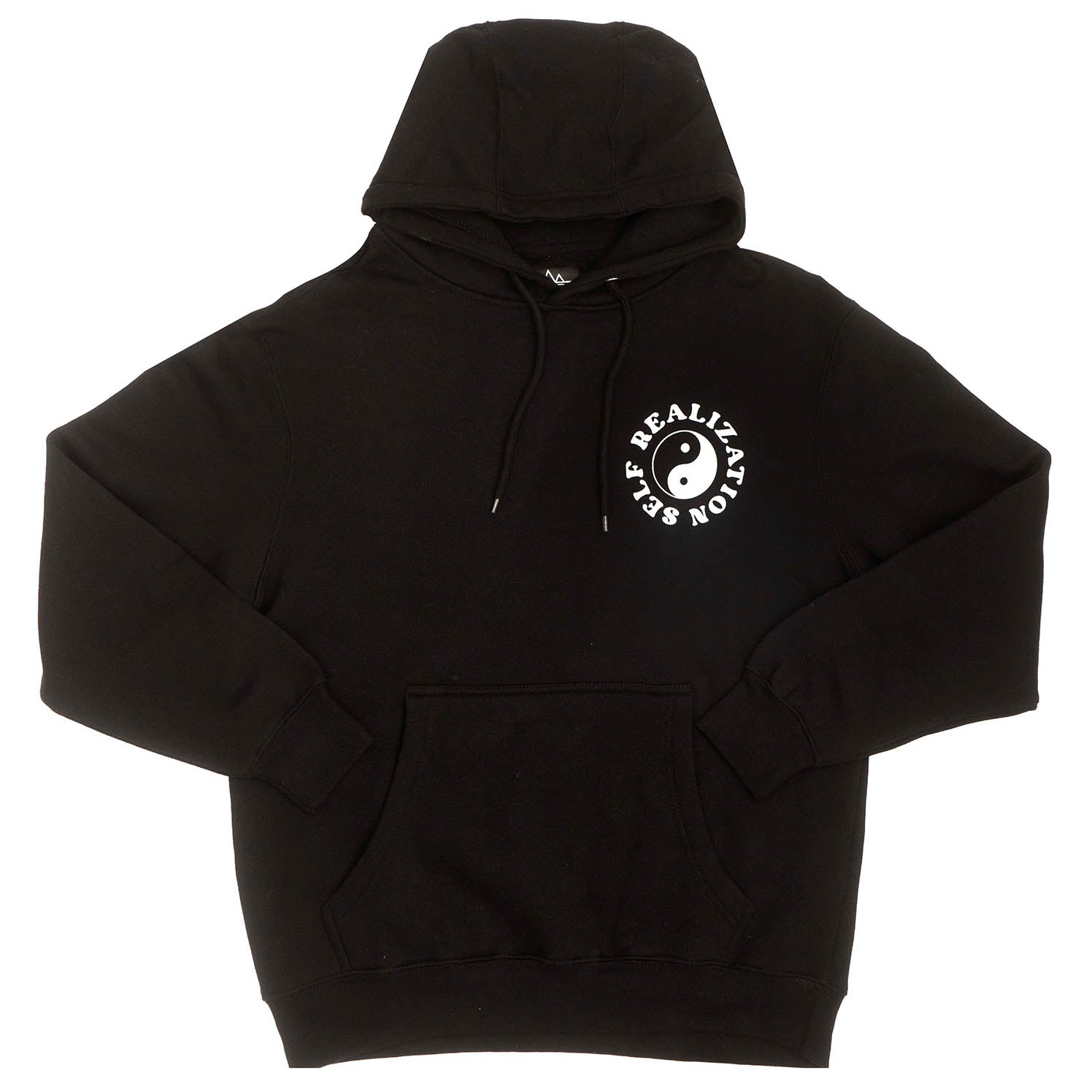 men's graphic black fleece hoodie with yin yang symbols , yoga positions and mental health positive text printed on front and back. Full front photo.