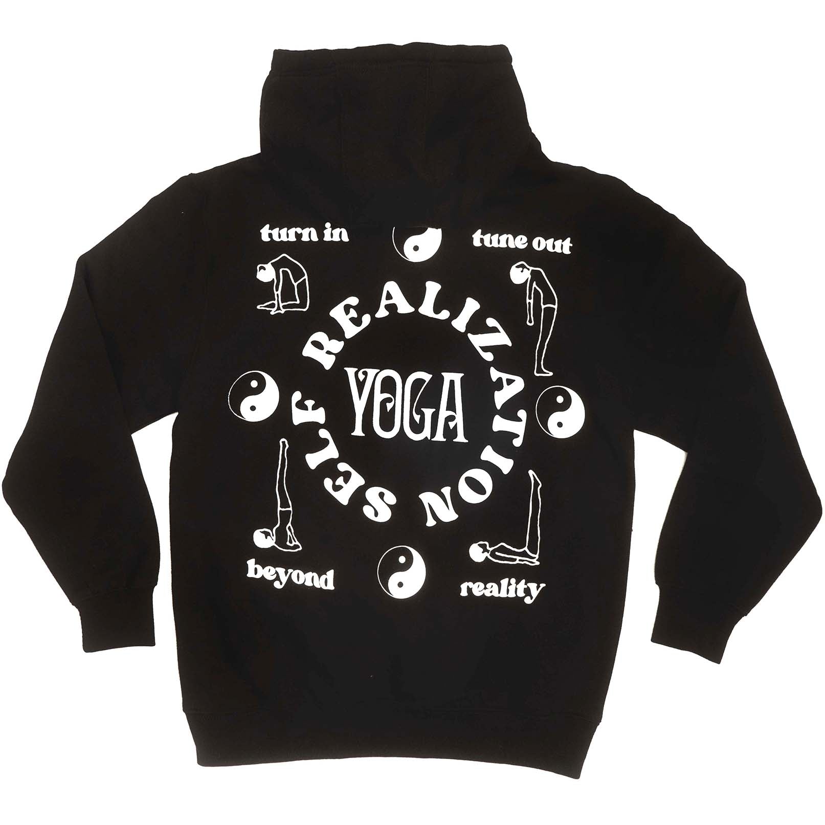 men's graphic black fleece hoodie with yin yang symbols , yoga positions and mental health positive text printed on front and back. Full back photo.