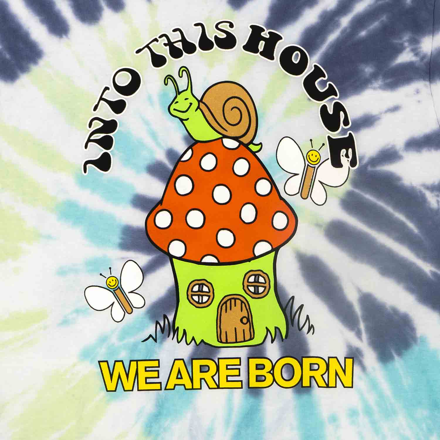 Navy green tie dye with graphic of mushroom, snail, butterflies and motivational text screen printed on front. Full front photo.