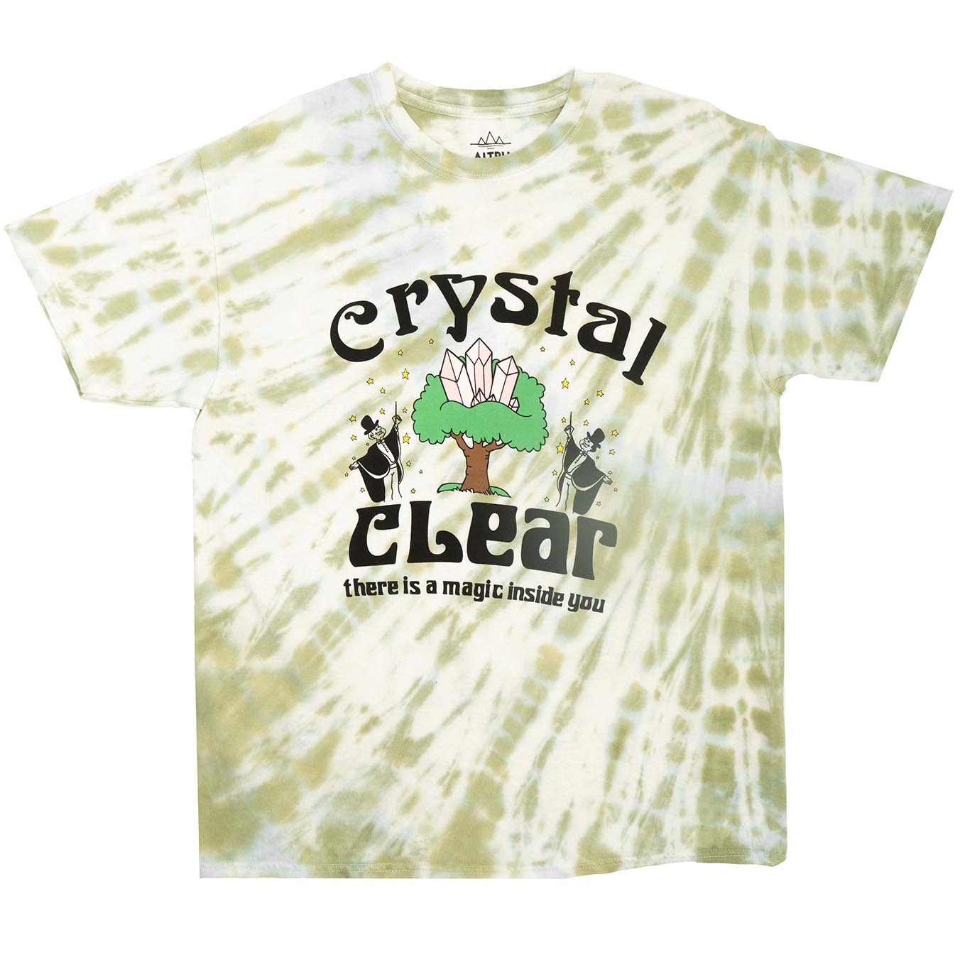 Green and white tie dye with graphic of crystals, tree, magician and motivational text screen printed on front of men's graphic tee. Full front photo.