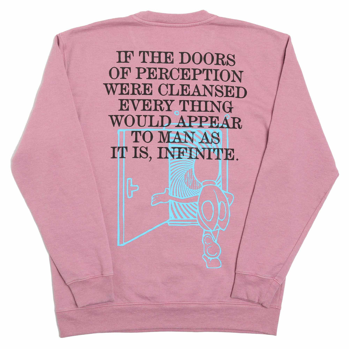 Altru mens purple pink fleece sweatshirt with a skeleton riding a bicycle graphic on front and the text "If the doors of perception were cleansed every thing would appear to man as it is, infinite."  printed on the back.