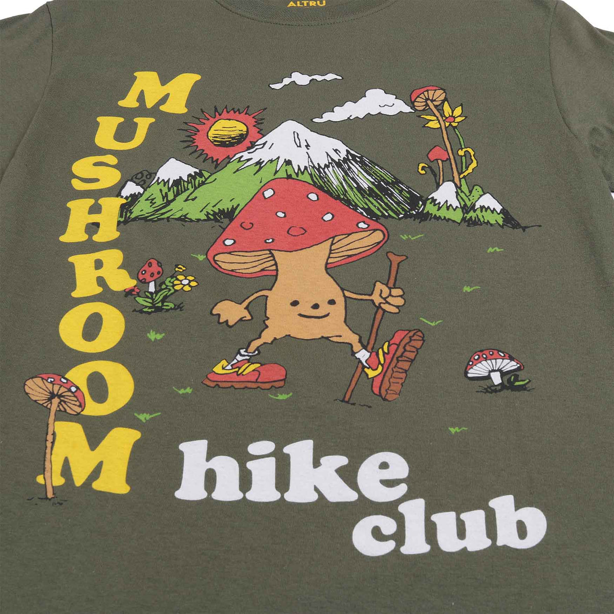 Altru Apparel Men's cotton tee green with mushroom graphics on front close up detail photo