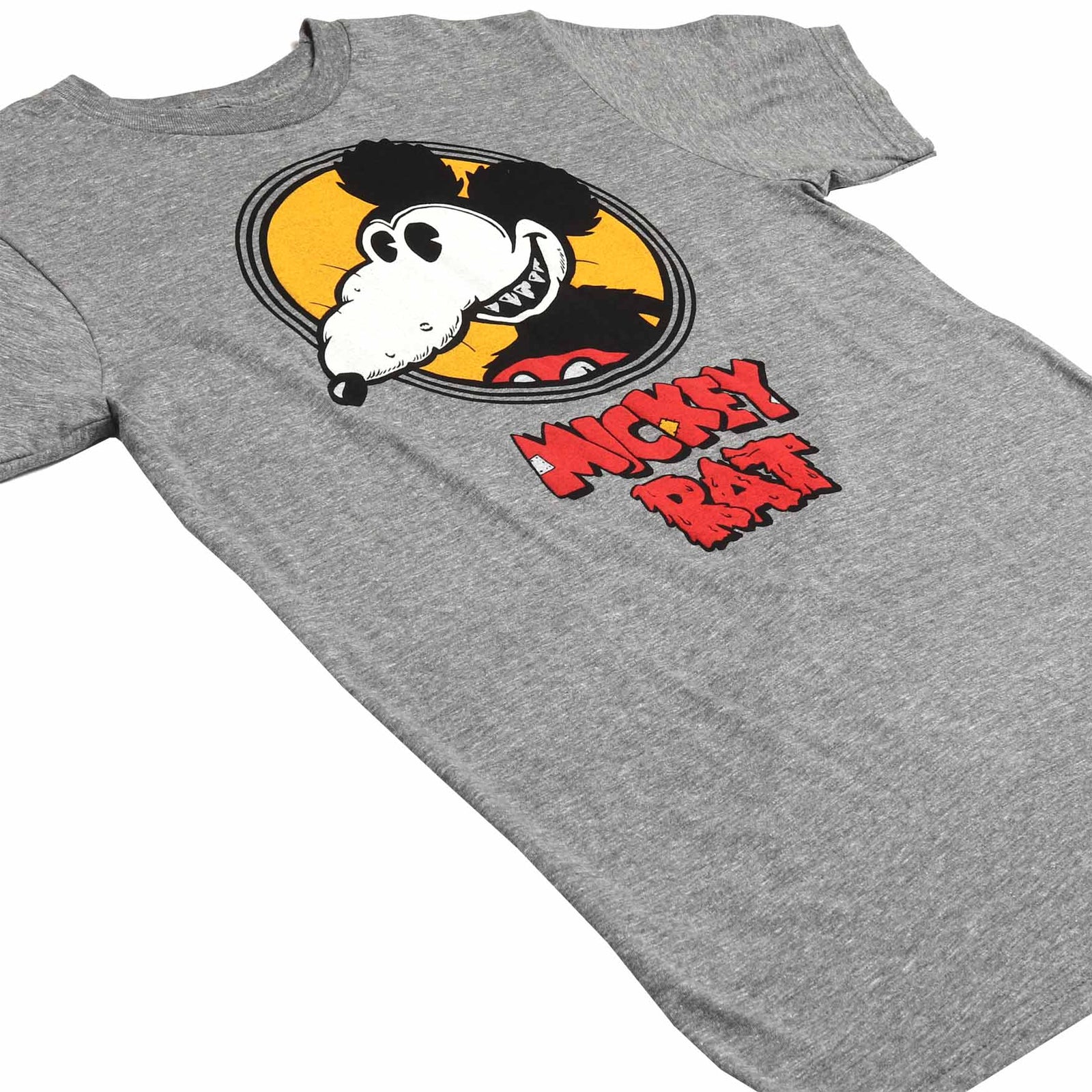 Altru Apparel Mickey Rat classic spotlight pose on grey graphic tee by Robert Armstong. T-shirts angled graphic photo