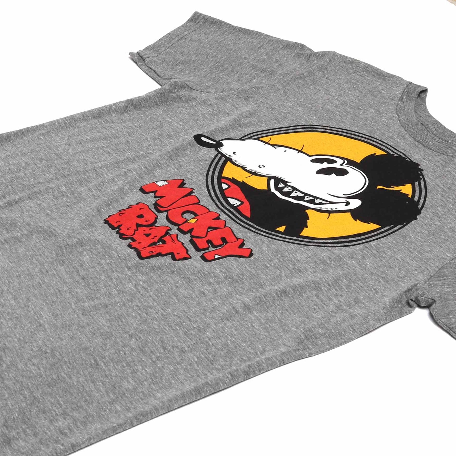 Altru Apparel Mickey Rat classic spotlight pose on grey graphic tee by Robert Armstong. T-shirts angled right graphic photo