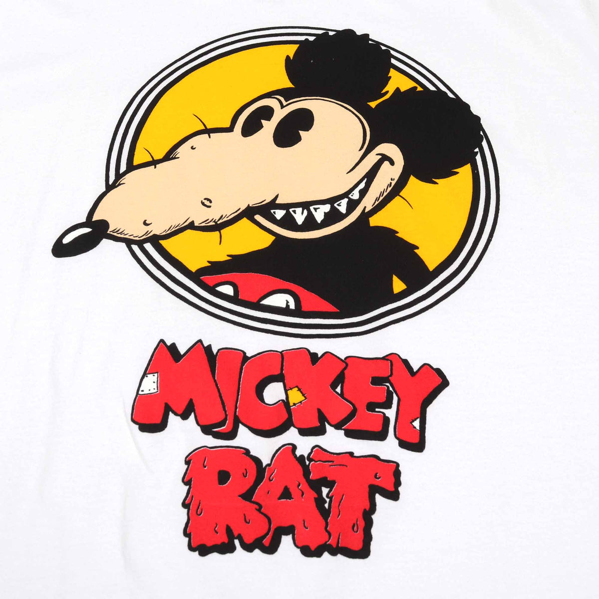 Altru Apparel Mickey Rat classic spotlight pose on white graphic tee by Robert Armstong. T-shirt graphic closeup photo