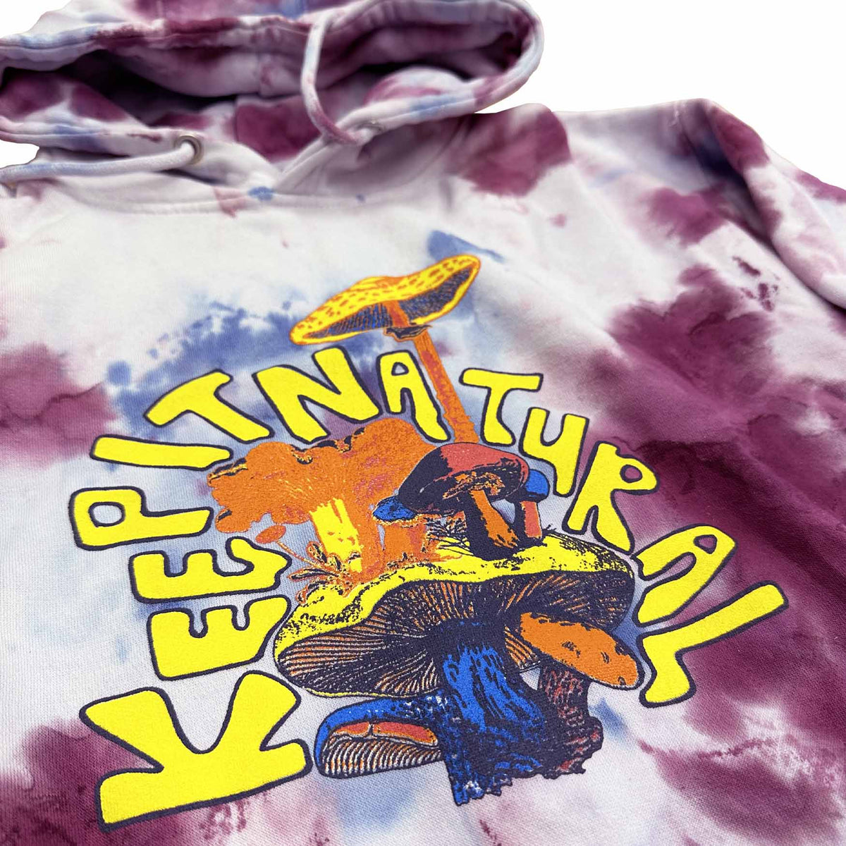 Keep it Natural printed on tie dye hoodie Front  close up art