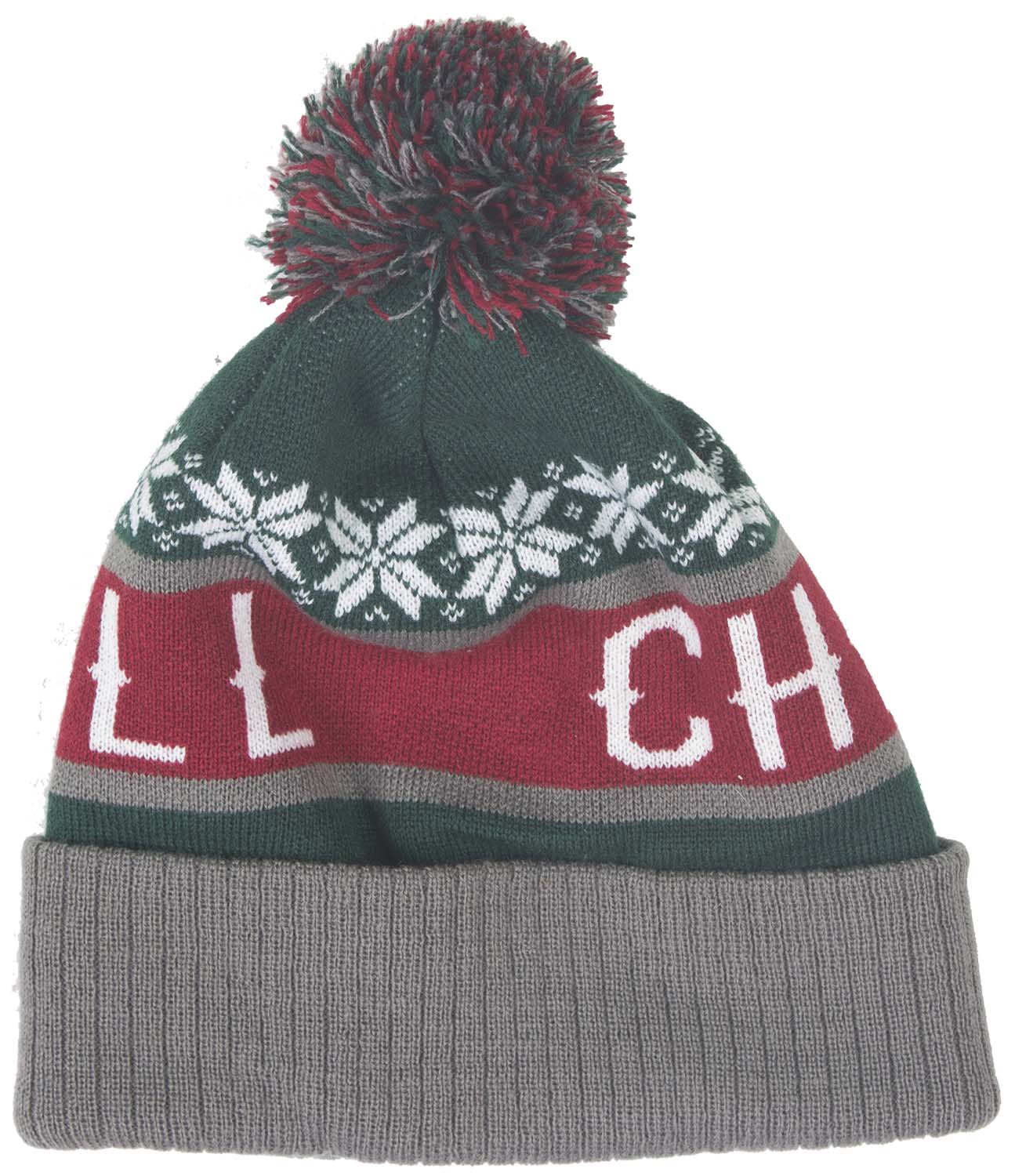 CHILL green and red knit cuff beanie with pom