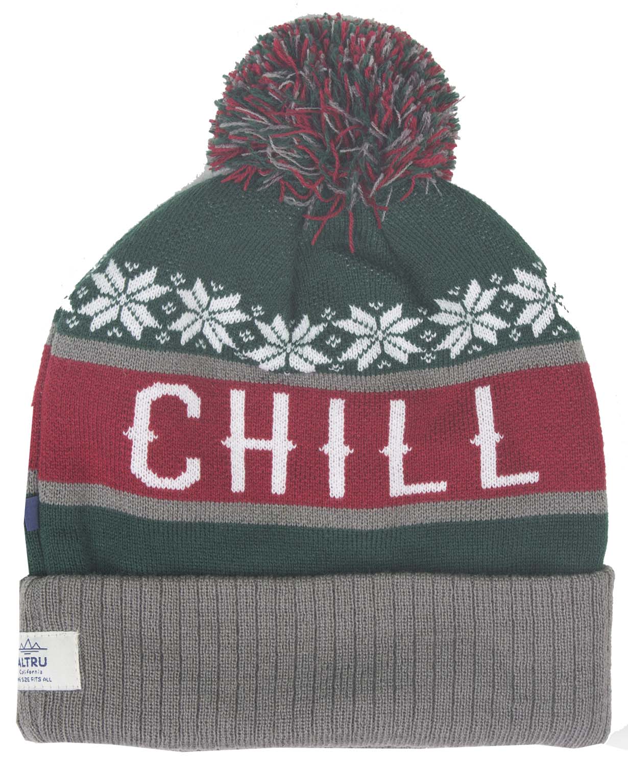 CHILL green and red knit cuff beanie with pom