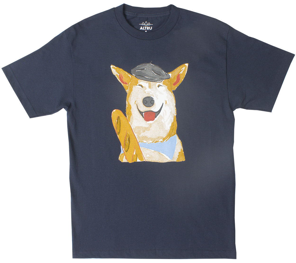 French Dog With Baguette navy graphic tee