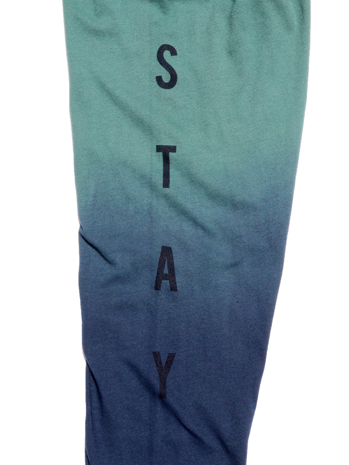 Close up detail image of the graphic text on the right sleeve with the word STAY