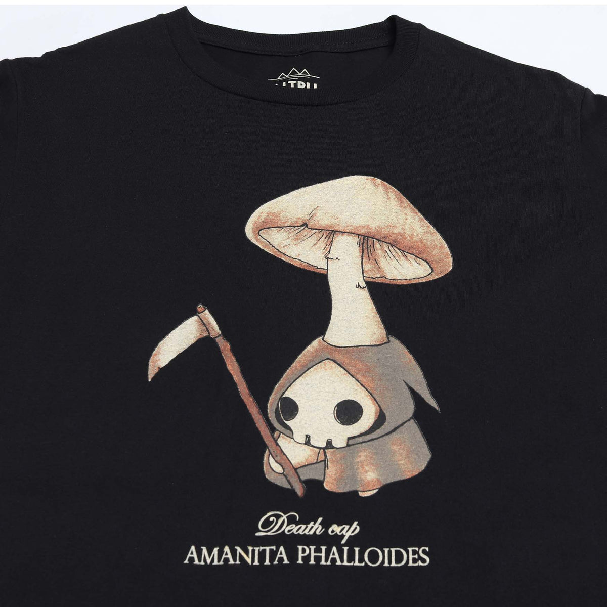 Altru Apparel Death Cap Abi Toad Mushling black tee front close up the art