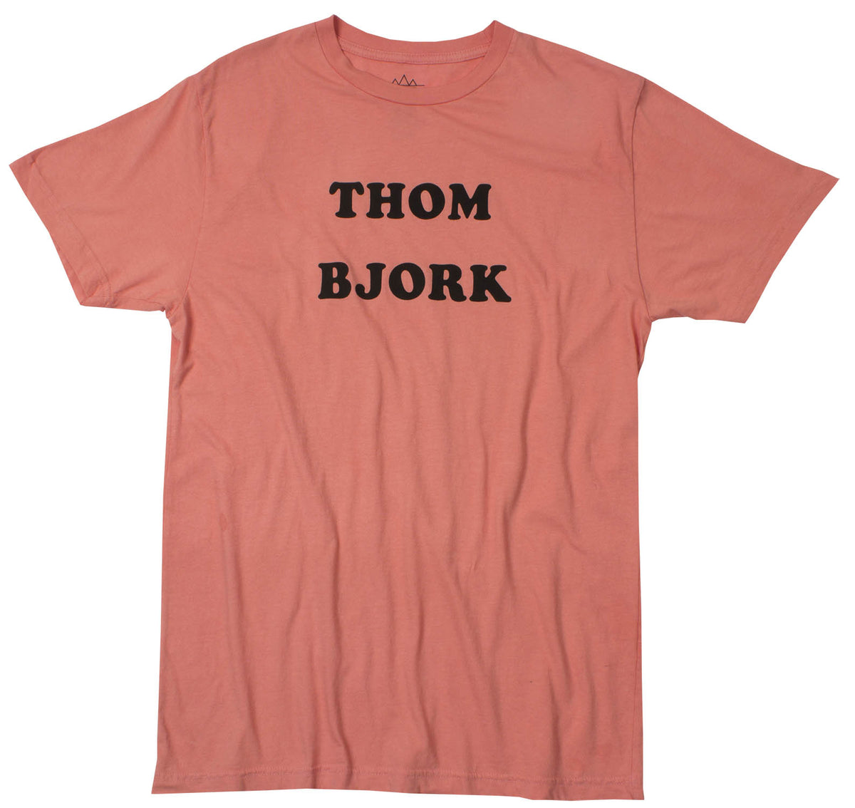 THOM BJORK screen print on front of a pink red enzyme washed tee