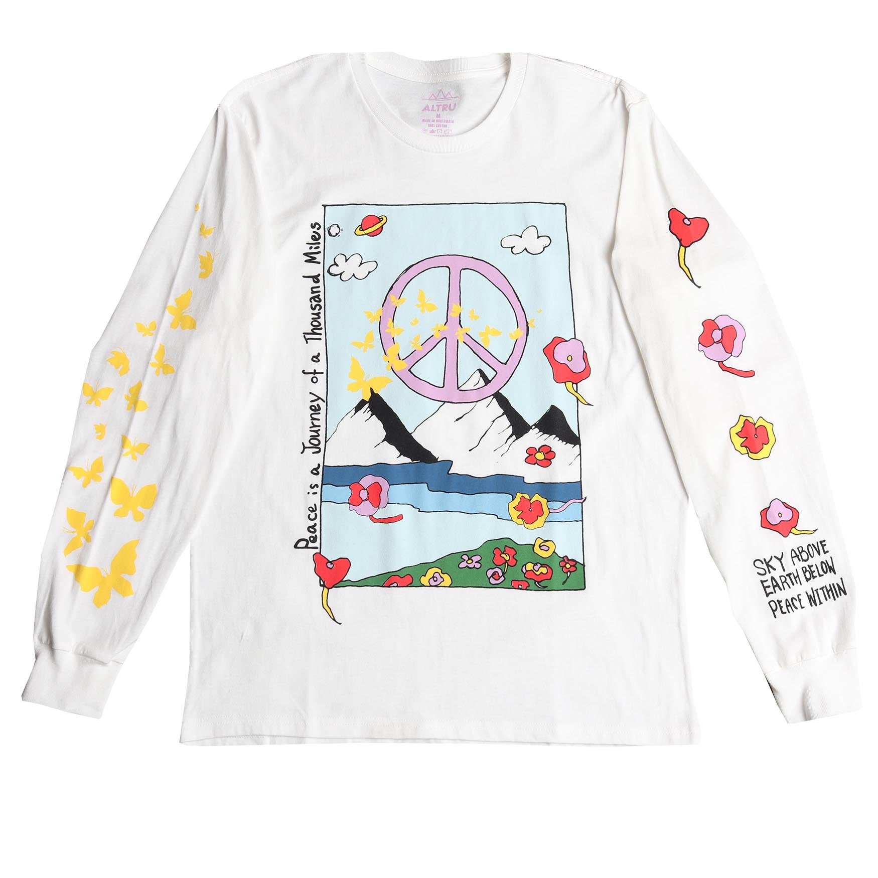 Full front photo of "Peace is a Journey" graphic that includes mountains, flowers, butterflies, space, lake, peace sign and the sky. Graphics are printed on front and sleeves